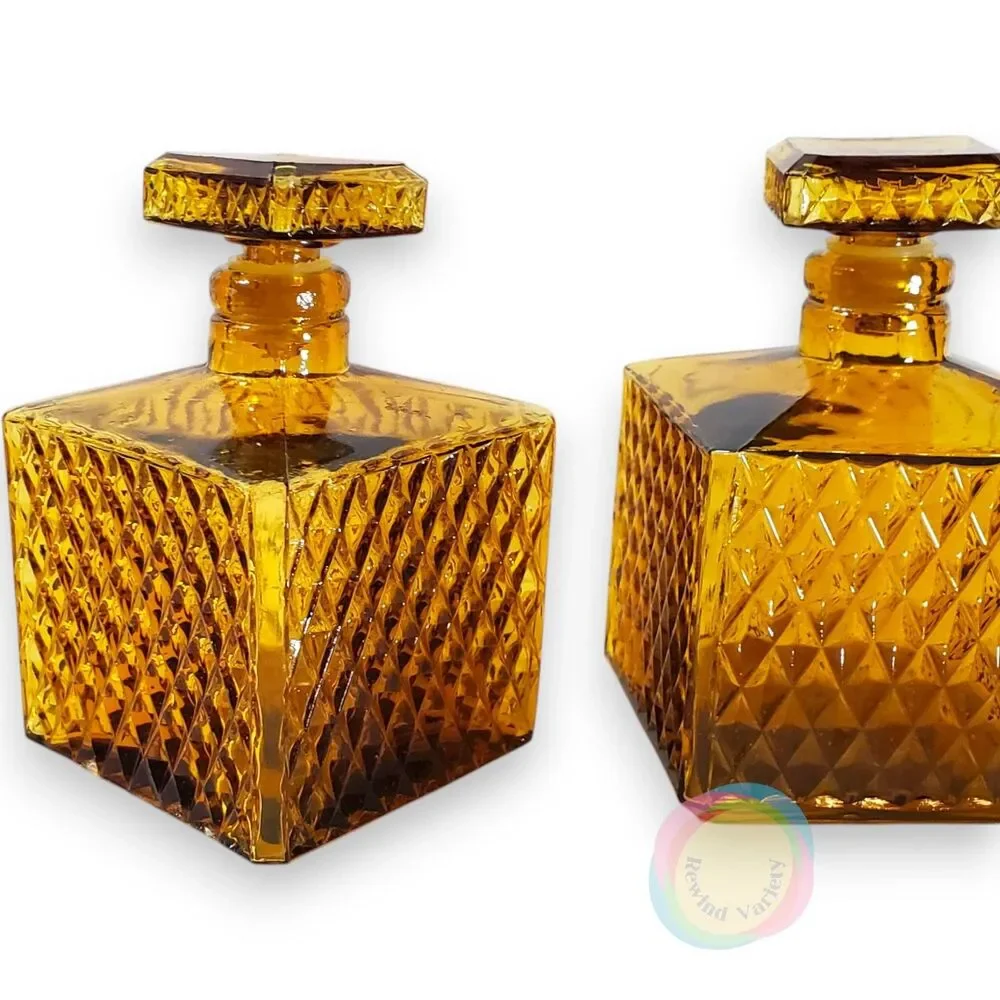 Vintage Mid Century Amber Glass Diamond Decanter Set Taiwan